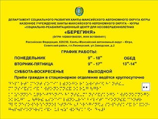 Информационной-тактильный знак (табло в рамке), 600х500 мм, рельефный, пластик, металл.рамка (золото