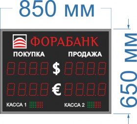 Одностороннее табло курсов валют для помещения со светофорными элементами. Высота знака на светодиод